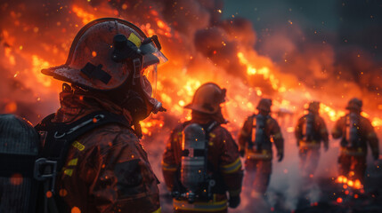 Naklejka premium Several firefighters go offensive for a fire attack