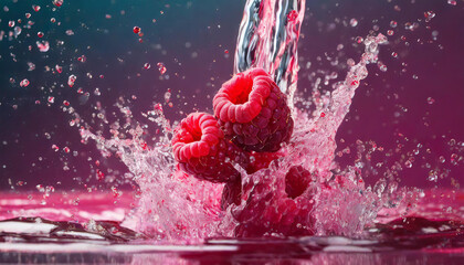 Raspberry fall in clear water on magenta and purple background. Fruit, wellness, summer concept.