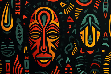Tribal Ethnic African pattern in red, yellow, and blue on black background Image 2 of 4