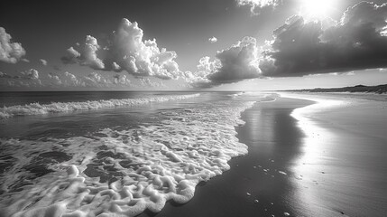 A black and white photo of a beach with waves crashing on the shore, AI