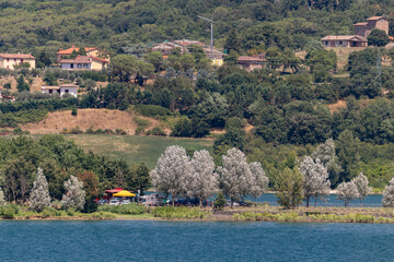The Bilancino Lake. Lago di Bilancino, Barberino del Mugello, Florence, Italy: landscape at dawn of the picturesque lake in the Tuscan hills