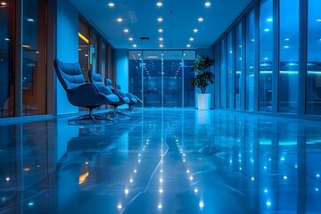 Blue-toned Business Lounge: Sleek and Modern. Concept Business Lounge, Blue-Toned, Sleek, Modern