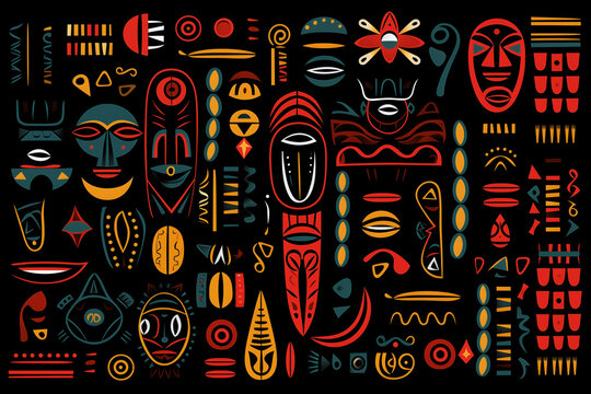 Tribal Ethnic African pattern in red, yellow, and blue on black background Image 1 of 4