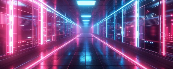 Vibrant neon lights illuminate a futuristic corridor with a sci-fi ambiance