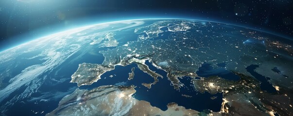 Majestic earth from space - europe and africa illuminated - obrazy, fototapety, plakaty