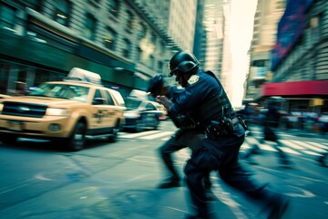Urban Law Enforcement: Officers in Action - City Patrol: Police Responding to Incident - Motion Blurred Action in a Metropolis - obrazy, fototapety, plakaty
