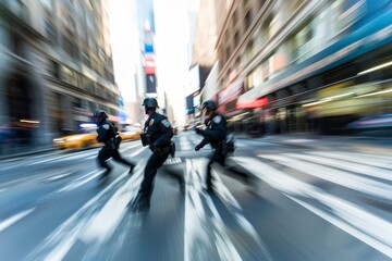 Urban Law Enforcement: Officers in Action - City Patrol: Police Responding to Incident - Motion Blurred Action in a Metropolis - obrazy, fototapety, plakaty