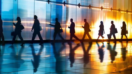 Busy professionals walking in modern office corridor