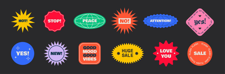 12 Trendy Retro Y2K Colorful Stickers. Trendy Y2K Stickers. Attention, yes, no, stop, new, good mood, good vibe, huge sale, love you, hot. 