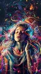 Young woman immersed in vibrant abstract lights symbolizing the euphoria of listening to music