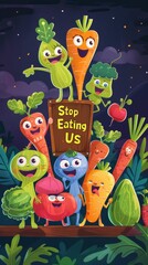 Naklejka premium Cartoon vegetables protesting with sign