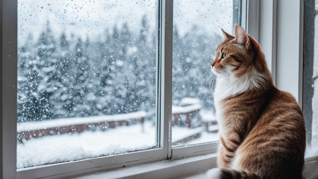 A cat sits on the window and looks at the falling snow