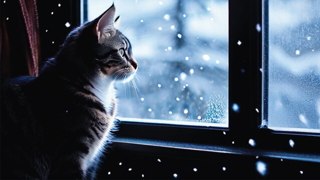 PrintA cat sits on the window and looks at the falling snow