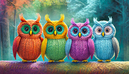 Knitted owls standing side by side, each owl has feathers in a specific color of the rainbow