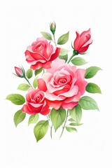 Rose Bouquet, Rose bouquet for love, deep reds & greens, cartoon drawing, water color style.