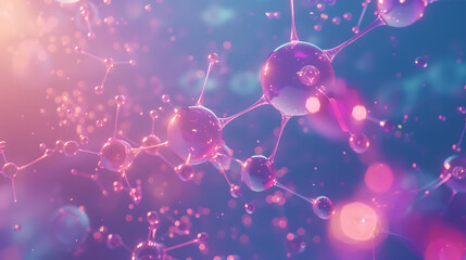 This stylized image appears to depict interconnected molecules. The spherical molecules glow in shades of purple and pink - obrazy, fototapety, plakaty