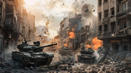 A scene of multiple tanks positioned in a city street, showcasing military presence and readiness for battle. The armored vehicles are lined up in preparation, displaying a stark image of war