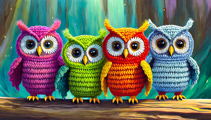 Knitted owls standing side by side, each owl has feathers in a specific color of the rainbow