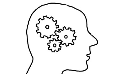 Drawing or sketch illustration of a human viewed from side with mechanical gears as brain on white background.