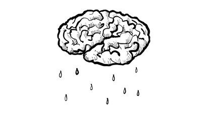 Drawing or sketch illustration of human brain like cloud raining with droplets of water on white background. - 782479889