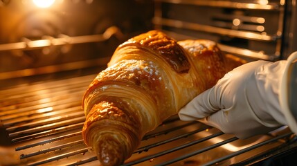 Closeup photo of a freshly baked croissants on the oven