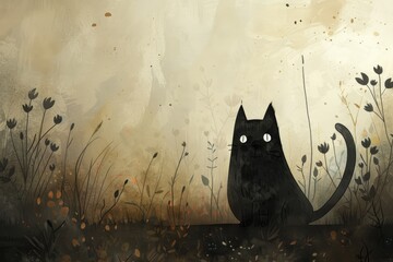 Black cat drawing - funny kitten - obrazy, fototapety, plakaty