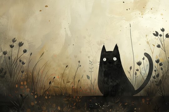 Black cat drawing - funny kitten
