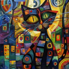 Colorful cat drawing - kitten painting with vibrant colors