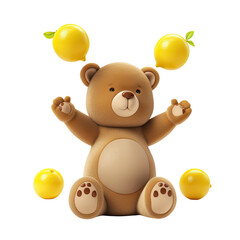 Playful teddy bear cartoon juggling bright yellow lemons in a fun and lively manner, isolated on a transparent background