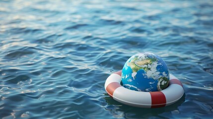 Earth in lifebuoy on water concept