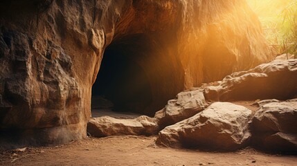a cave entrance with a light shining through