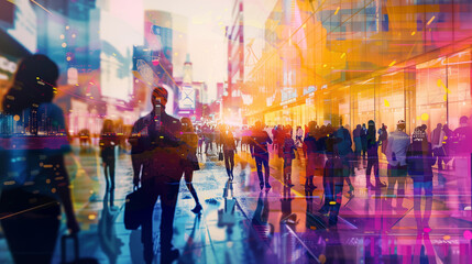 Vibrant scene illustrating people on a city street. Abstract urban landscape.
