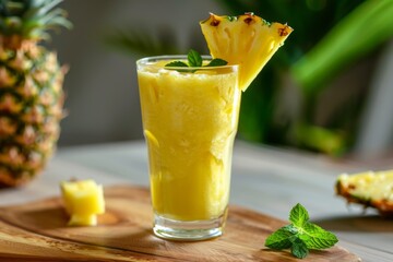 A pineapple smoothie in a tall glass on a wooden table