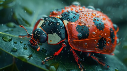 Dew-covered ladybug on green leaf