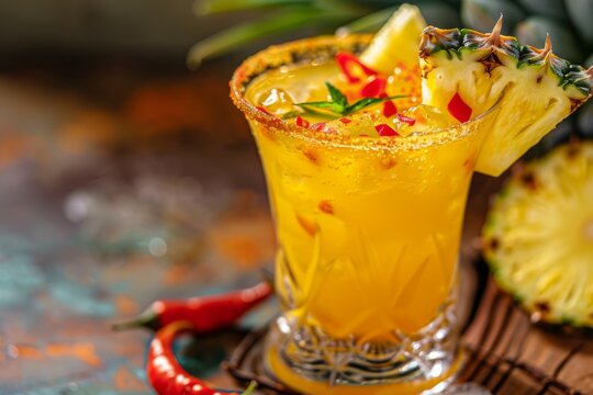 Closeup image of a pineapple and chili drink in a glass on a table