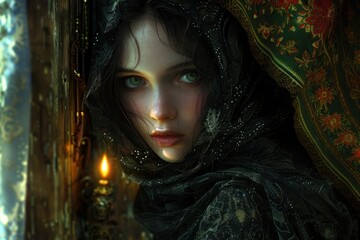 A woman, wrapped in a shawl and framed by a colorful tapestry, with green eyes and black hair, looks into the camera at a window with a lit candle. - Powered by Adobe