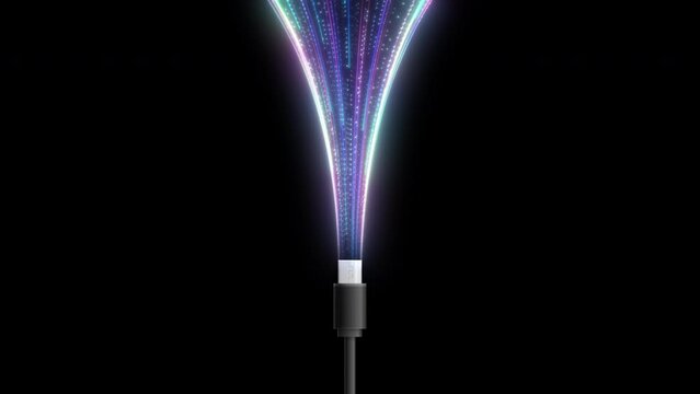 4K animation of phone jacks for cabling in black color with colors light particles.
Usb cable connectors. 
Cable for charging or transmitting information for modern electronic devices