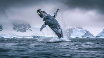 A powerful humpback whale in Antarctica leaps out of the water, showcasing its impressive size and strength as it breaches the surface with a dramatic splash.