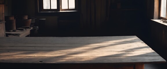Sunlight shining on table in museum, old wooden house interior