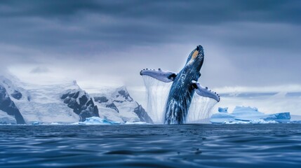 A humpback whale is leaping out of the water in a spectacular display of agility and power. The massive mammals body is fully exposed, showcasing its streamlined form against the backdrop of