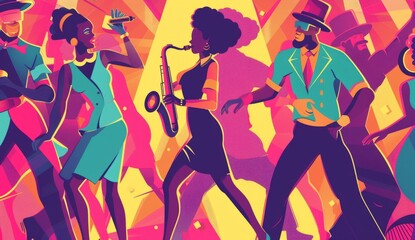 A vibrant and lively illustration of people dancing to jazz music, with one person playing the saxophone in the style of art deco Generative AI - obrazy, fototapety, plakaty