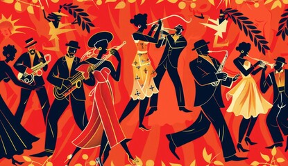 A vibrant and lively illustration of people dancing to jazz music, showcasing the energy in Black African American retro style with bold lines and flat colors Generative AI