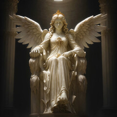 mythological angel statue sitting on a throne with greek columns in the background and holy shine coming from above, wallpaper 4k