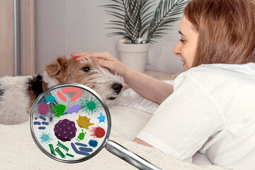 Pet allergy. Magnifying lens with simulated allergen, germs, viruses; bacteria, helminth eggs, coli. Young woman petting a dog