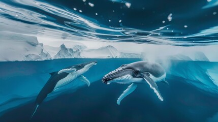 Two humpback whales are swimming in the ocean, with icebergs in the background. They are gracefully moving through the water, showcasing their powerful tails as they navigate the icy environment.