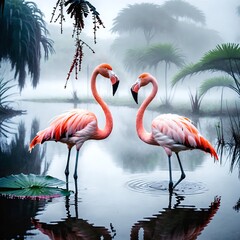 Pink birds flamingos. Wildlife animal scene from nature.