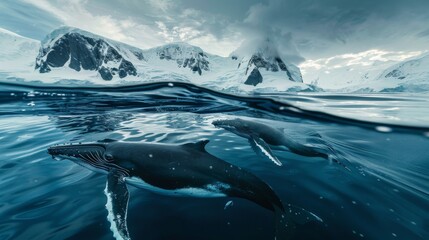 Two dolphins gracefully swim in the ocean, with majestic mountains in the background. The marine mammals move effortlessly through the water, showcasing their agility against the backdrop of towering