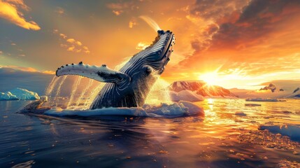 A humpback whale jumps out of the water against a sunset backdrop, near an Antarctic iceberg, showcasing its impressive size and grace.
