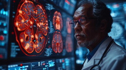 Neurologist examining brain scan results - obrazy, fototapety, plakaty