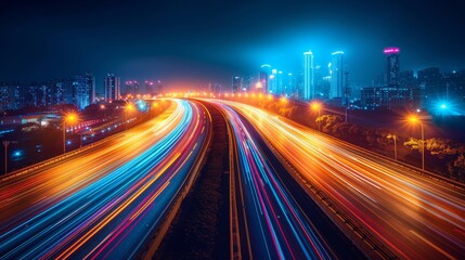 Fototapeta na wymiar Vibrant city nightlife: neon glow of traffic trails